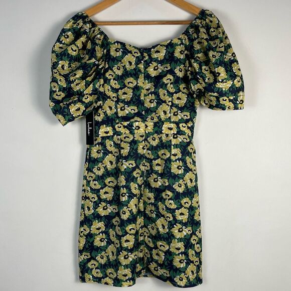 Lulus Floral Inclusive Floral Print Puff Sleeve Mini Dress Small Navy Yellow NEW - Picture 9 of 13